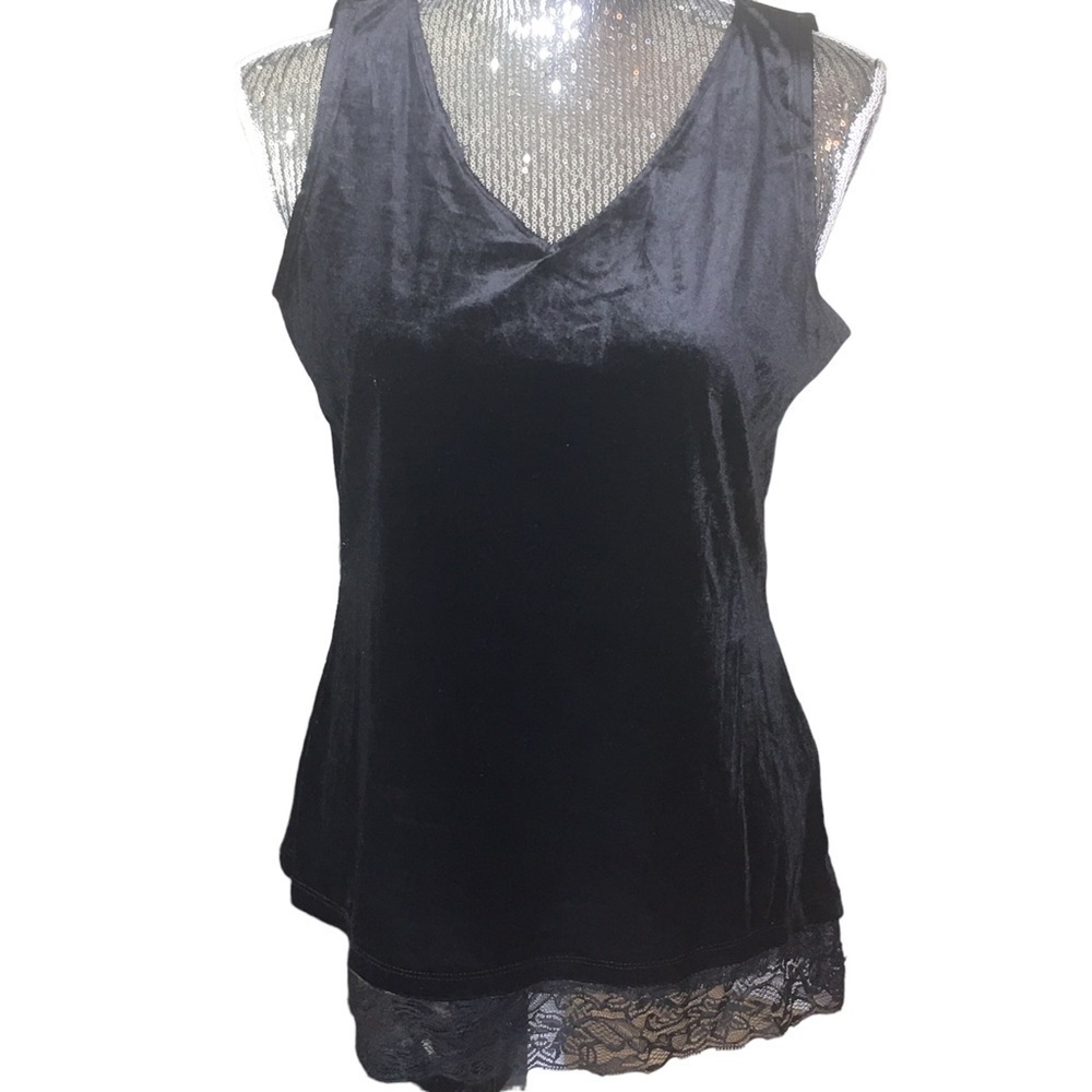 New Liquid by Sioni Black Velvet tank top lace bottom V Neck Small